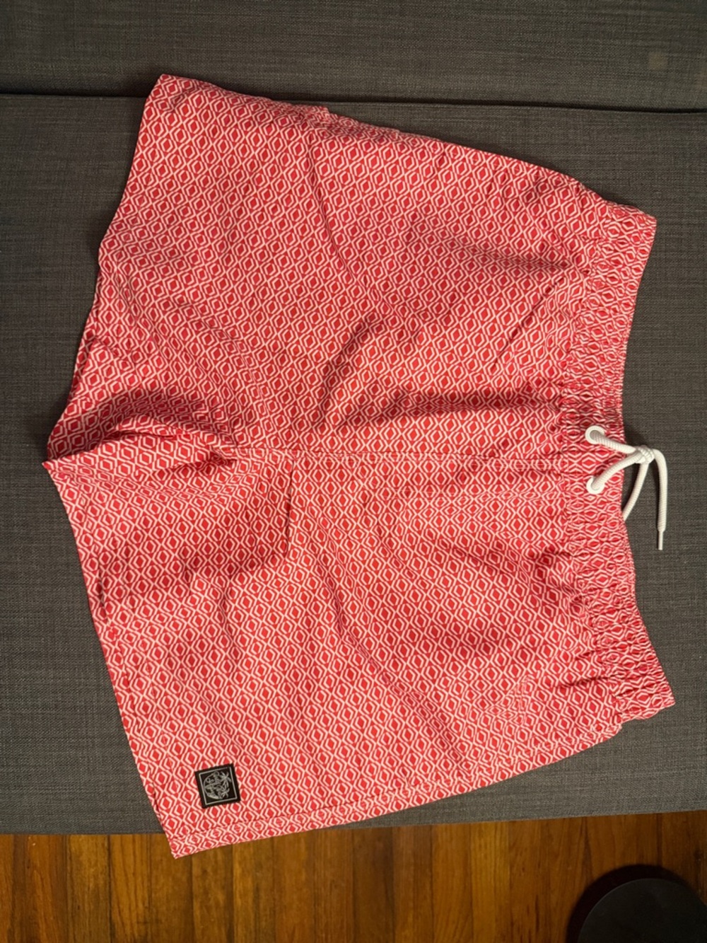 Men's Red Geo-Print Swim Trunks with Drawstring Waist- size L